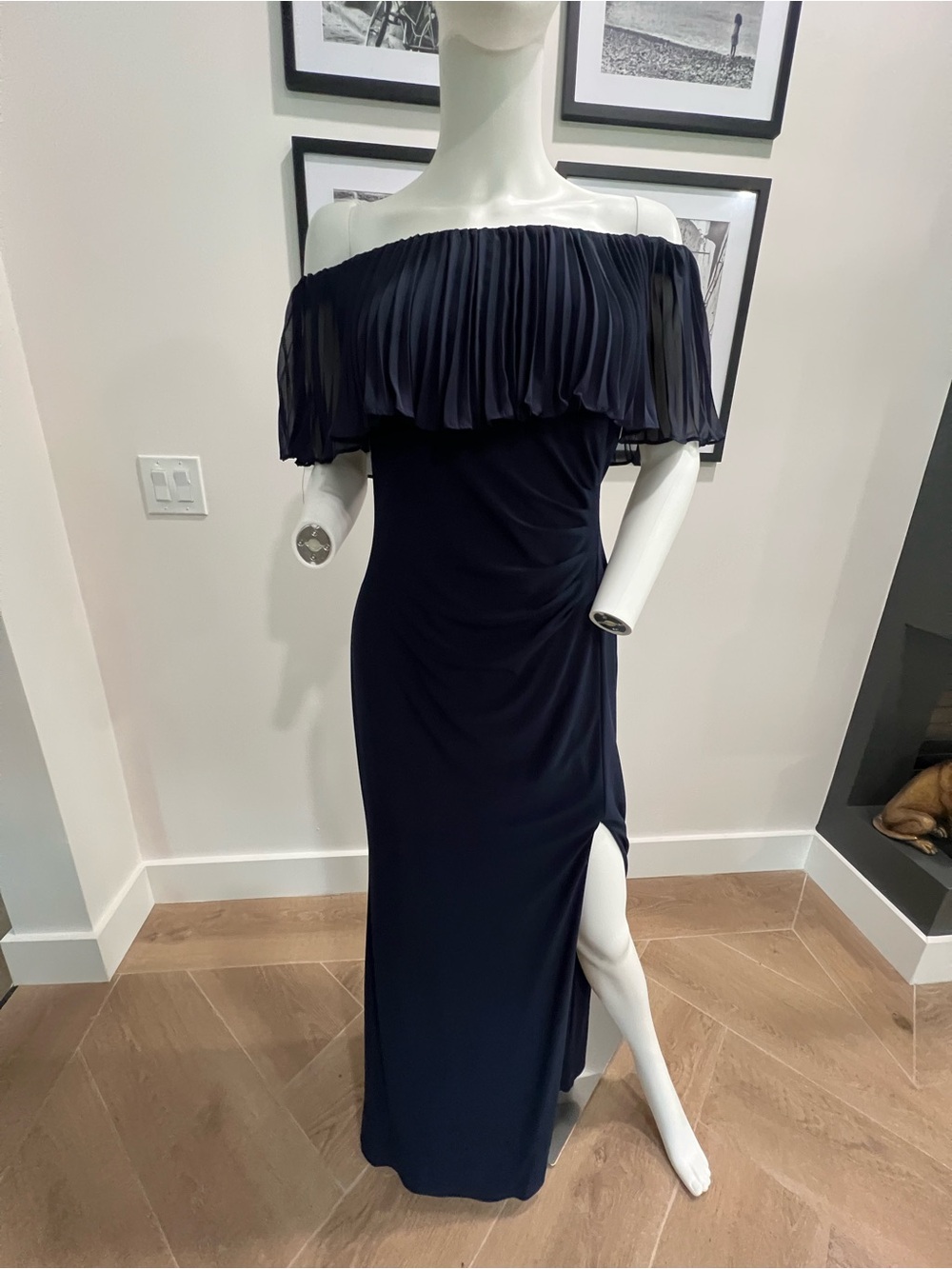 XSCAPE Off-Shoulder Navy Pleated Ruffle Gown